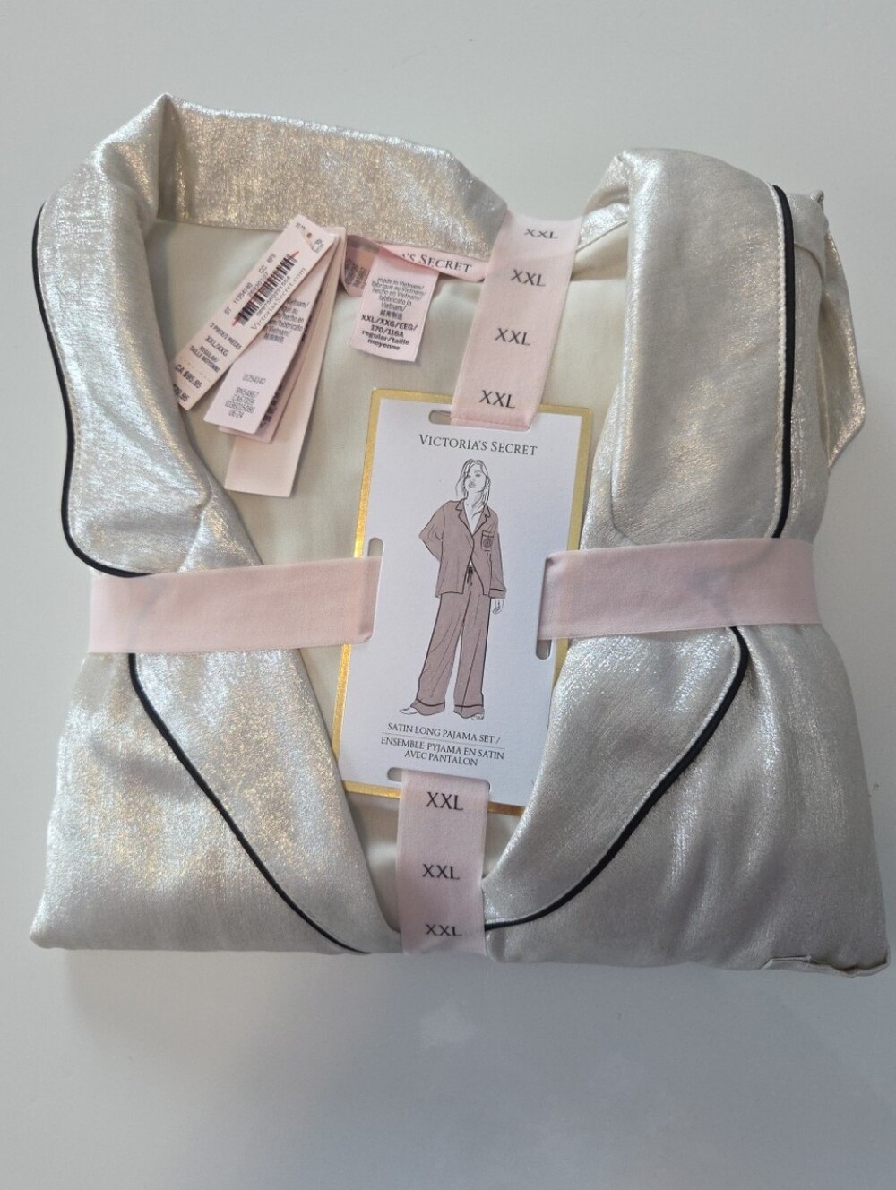 NWT VICTORIA'S SECRET XXL Satin Pajama Set Shimmer Gold Long Sleeve Leg Logo